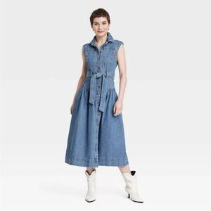 Women's Tie-Waist Midi A-Line Denim Dress -10 MISSING BELT